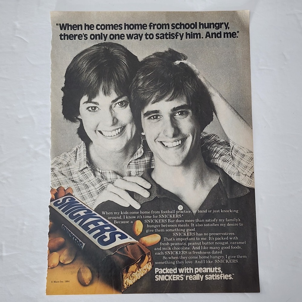 Vintage 1985 Snickers Candy Bar Print Ad Mom and Son Original Magazine Clipping